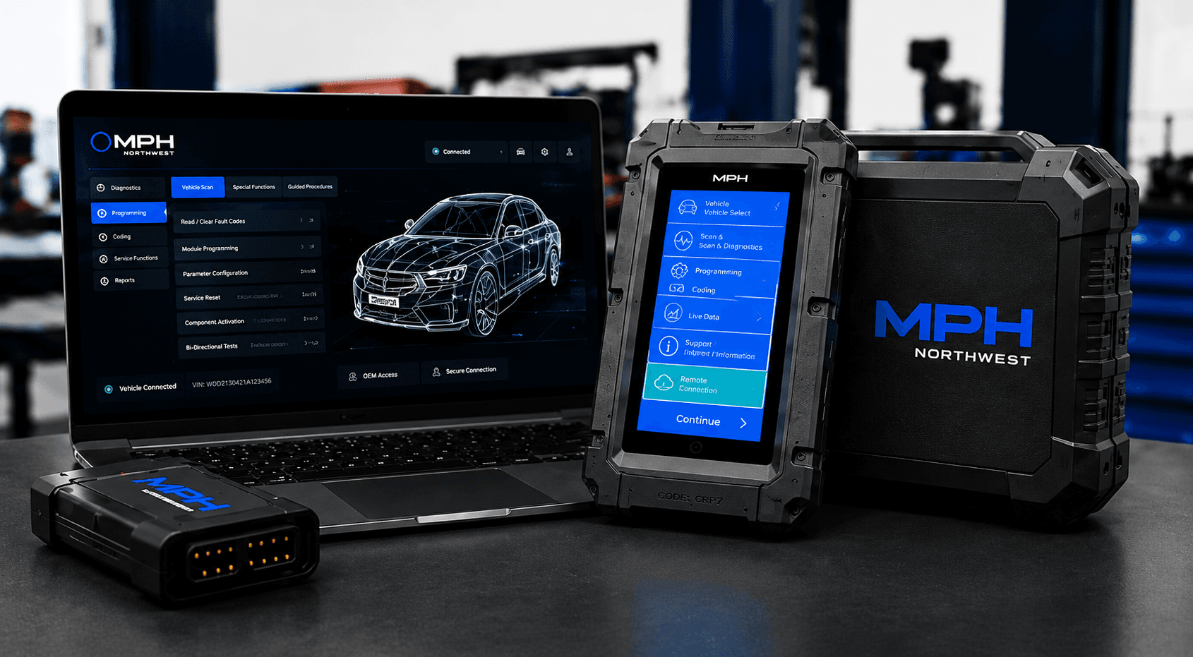 MPH Northwest remote diagnostic equipment, laptop and vehicle communication interface