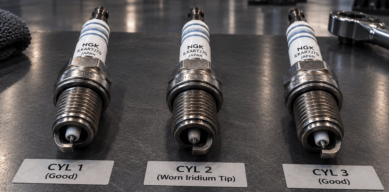 Renault Clio spark plugs showing excessive wear to the Cylinder 2 iridium centre electrode